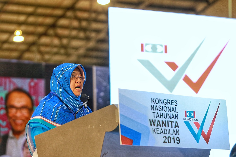 Wanita PKR president Haniza Mohamed Talha delivers her speech during the PKR Womenu00e2u20acu2122s National Congress in Melaka December 6, 2019. u00e2u20acu201d Picture by Ahmad Zamzahuri