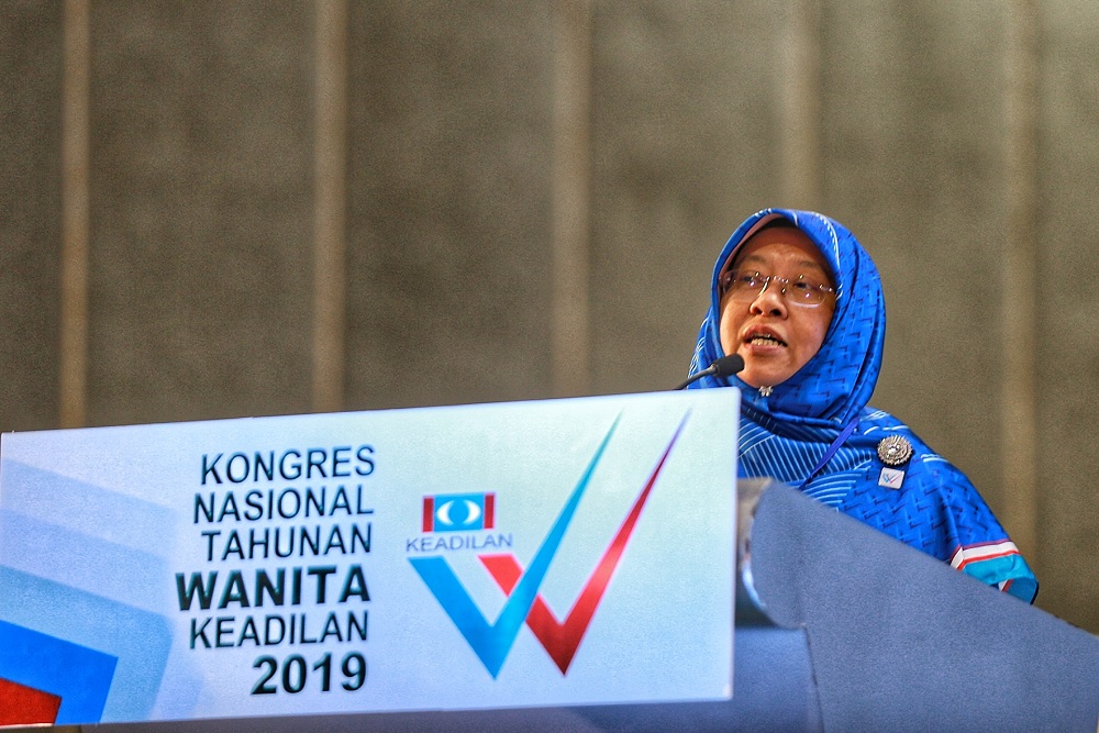 Wanita PKR president Haniza Mohamed Talha delivers her speech during the PKR Womenu00e2u20acu2122s National Congress in Melaka December 6, 2019. u00e2u20acu201d Picture by Ahmad Zamzahuri