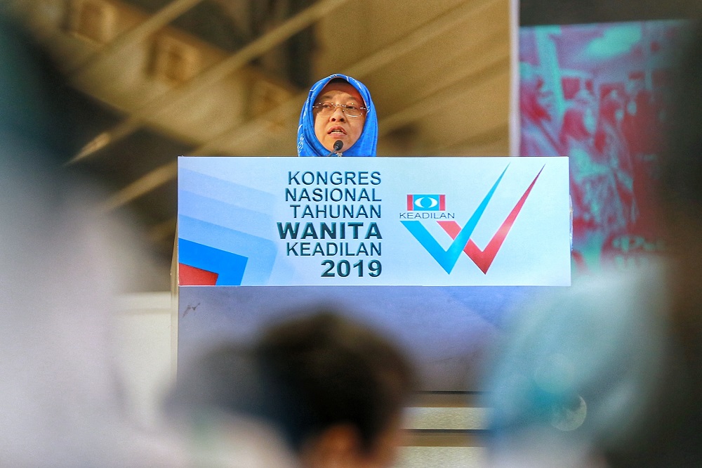 Wanita PKR president Haniza Mohamed Talha delivers her speech during the PKR Womenu00e2u20acu2122s National Congress in Melaka December 6, 2019. u00e2u20acu201d Picture by Ahmad Zamzahuri