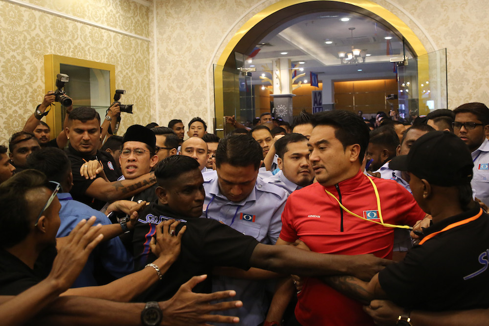 Chaos erupted at the opening ceremony of the PKR Youth National Congress opening at the Classic Ballroom at MITC in Melaka December 6, 2019. — Picture by Yusof Mat Isa