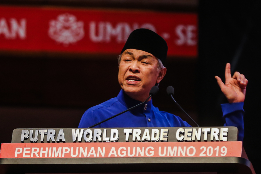 Umno president Datuk Seri Ahmad Zahid Hamidi delivers his speech during the Umno General Assembly 2019 at PWTC in Kuala Lumpur December 7, 2019 u00e2u20acu201d Picture by Firdaus Latif