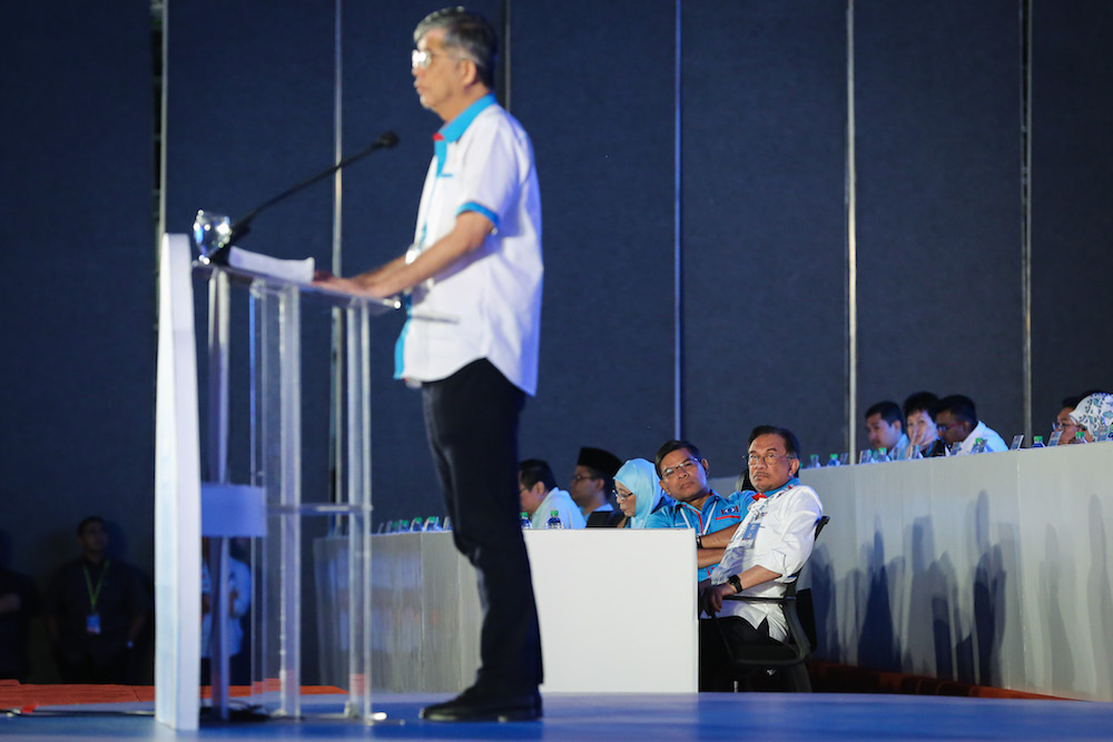 PKR president Datuk Seri Anwar Ibrahim listens to a speech by PKR vice-president Chua Tian Chang during the 2019 PKR National Congress at MITC in Ayer Keroh, Melaka December 8, 2019. — Picture by Yusof Mat Isa