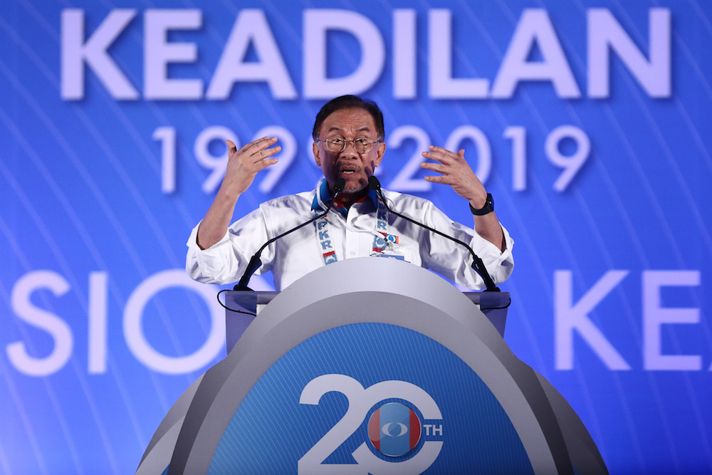 PKR president Datuk Seri Anwar Ibrahim addresses the 2019 PKR National Congress at MITC in Ayeh Keroh, Melaka December 8, 2019. — Picture by Yusof Mat Isa