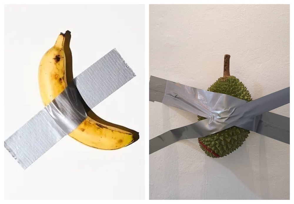 Singaporean durian seller comes up with his own version of u00e2u20acu02dcduct-taped bananau00e2u20acu2122 artwork using durian. u00e2u20acu201d Picture via Instagram/angkaryong and Facebook/99oldtrees