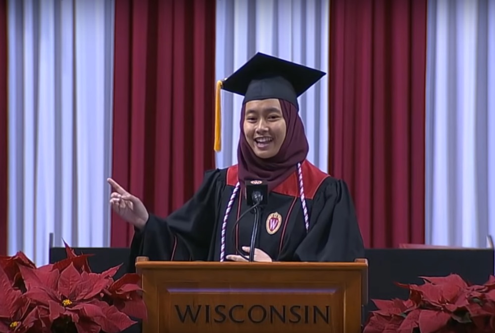Lisa Nur Marini Mohd Kamal delivering her speech at University of Wisconsin-Madison convocation. u00e2u20acu201d Screengrab via YouTube/Campus Alpha