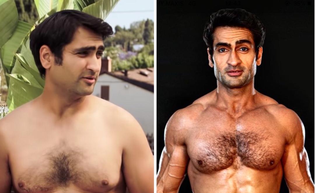 Kumail Nanjiani looks like a new version of himself after going through an intense body transformation for his role in u00e2u20acu02dcThe Eternalsu00e2u20acu2122. u00e2u20acu201d Screen capture via Instagram & Youtube/@kumailn & Natasha Leggero