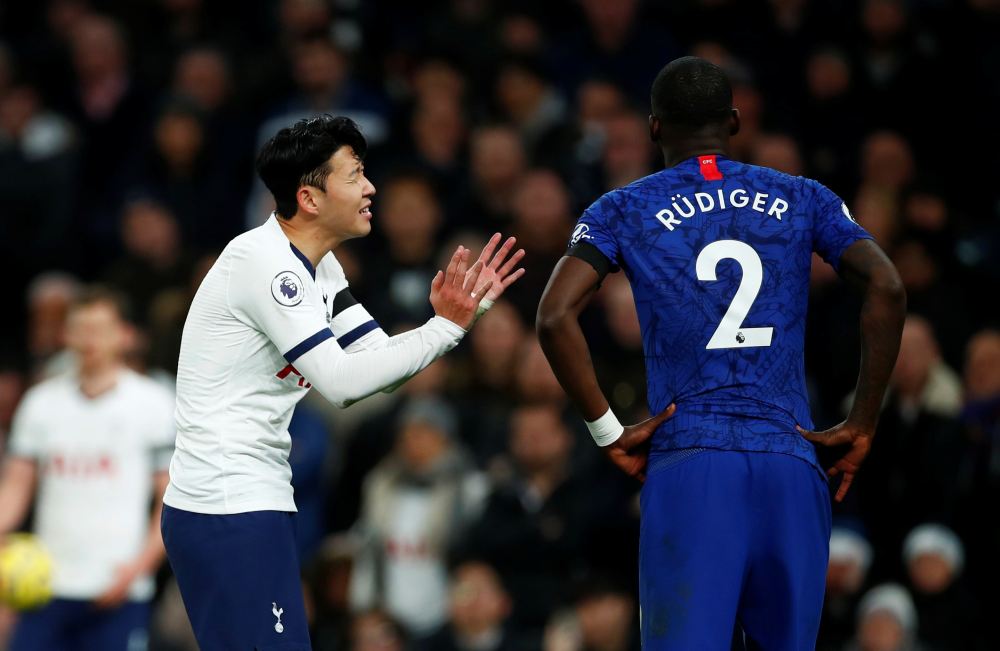 Tottenham Hotspur's Son Heung-min reacts after clashing with Chelsea's Antonio Rudiger, December 23, 2019. u00e2u20acu2022 Reuters pic