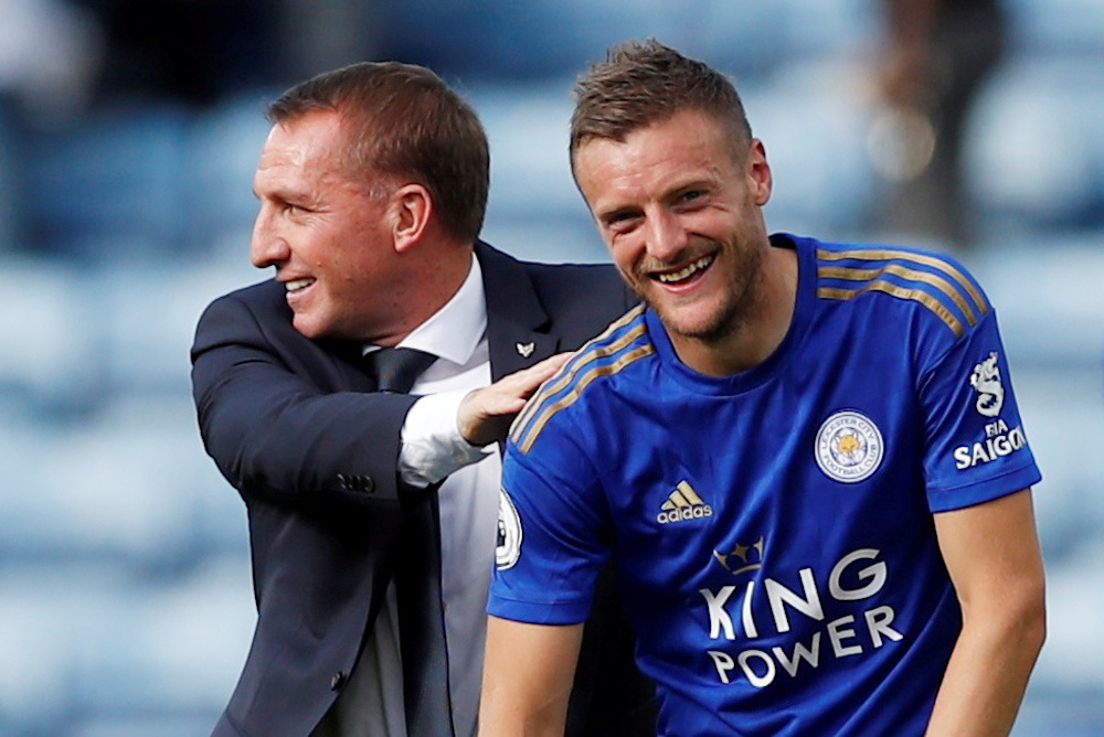 File photo of Leicester City manager Brendan Rodgers celebrating with Jamie Vardy after the match against AFC Bournemouth at the King Power Stadium in Leicester, August 31, 2019. u00e2u20acu2022 Reuters picnn