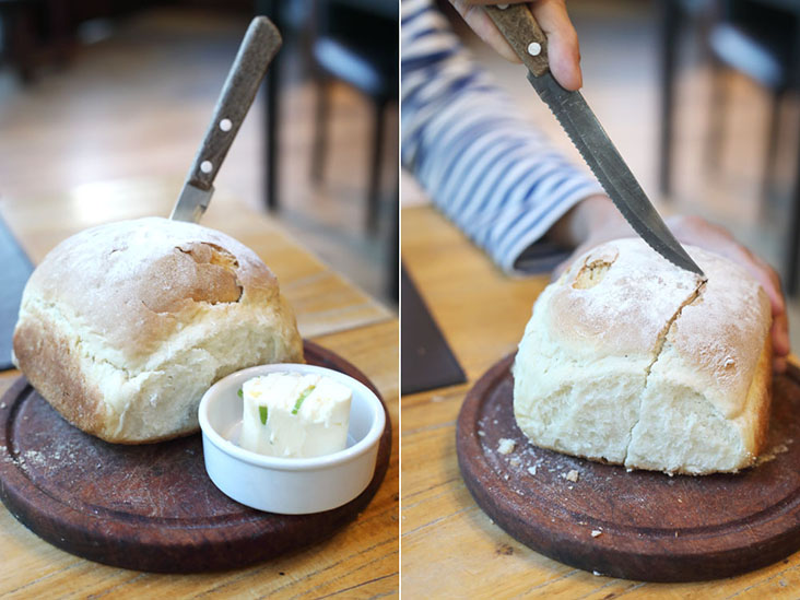 Crusty house-made bread that is so chunky you can carve wedges from it!