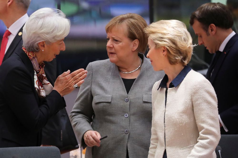 European Central Bank (ECB) President Christine Lagarde, German Chancellor Angela Merkel and EC President Ursula von der Leyen talk during the second day of EU leaders summit in Brussels, December 13, 2019. u00e2u20acu201d Reuters pic