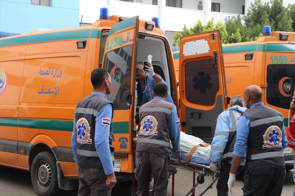 A handout picture released by the Suez Governorate Media Office on December 28, 2019 shows paramedics transporting one of the victims injured in a bus cash at the Ain Sokhna resort east of Cairo, upon arrival at Suez General Hospital. u00e2u20acu2022 AFP pic