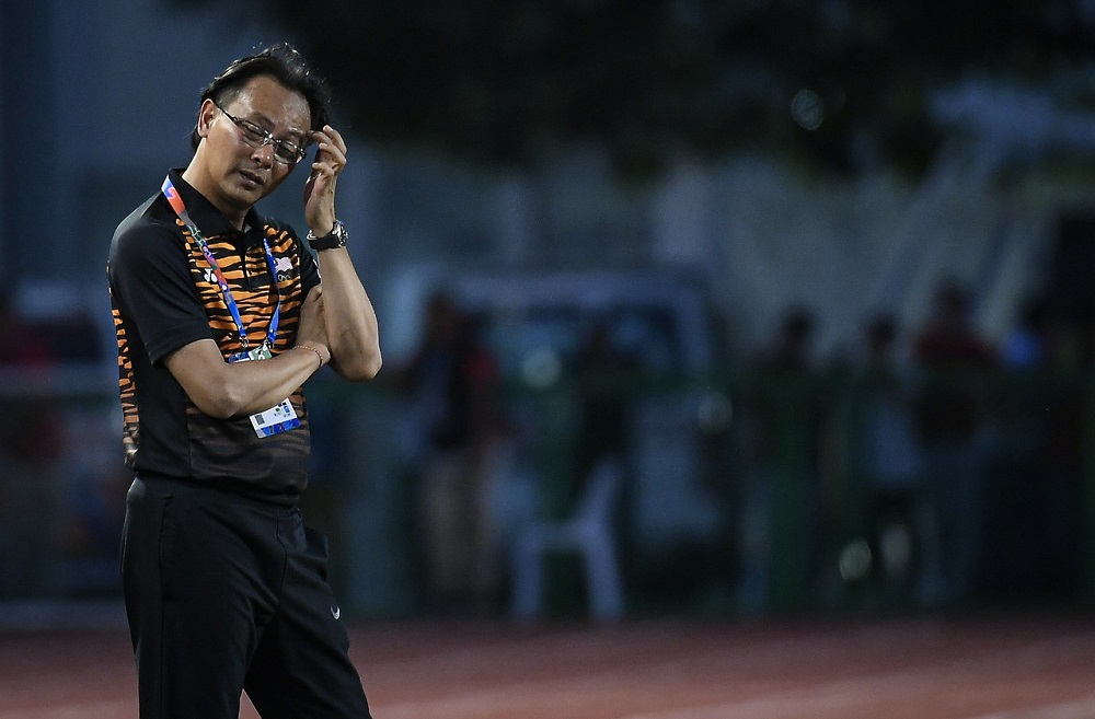 National under-23 squad head coach, Datuk Ong Kim Swee, reacts after the match against Cambodia in Manila December 4, 2019. u00e2u20acu201d Bernama pic