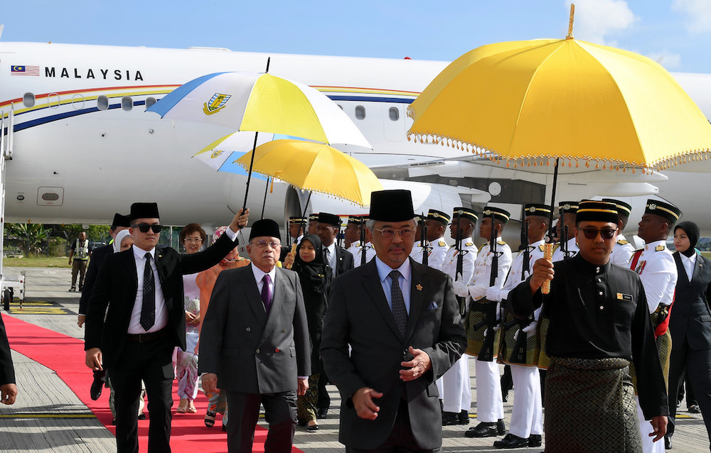 Yang di-Pertuan Agong Al-Sultan Abdullah Riu00e2u20acu2122ayatuddin Al-Mustafa Billah Shah and Raja Permaisuri Agong Tunku Hajah Azizah Aminah Maimunah Iskandariah arrive at Penang International Airport in Bayan Lepas December 20, 2019. u00e2u20acu201d Bernama pic