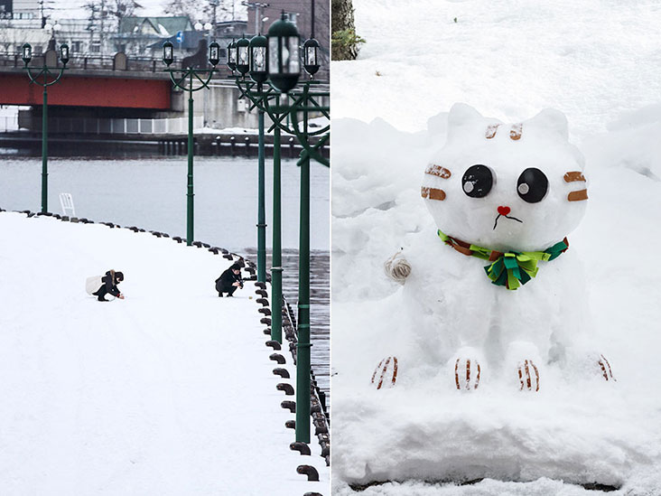 Snapping pictures in the snow (left) and an attempt at recreating Doraemon (right)