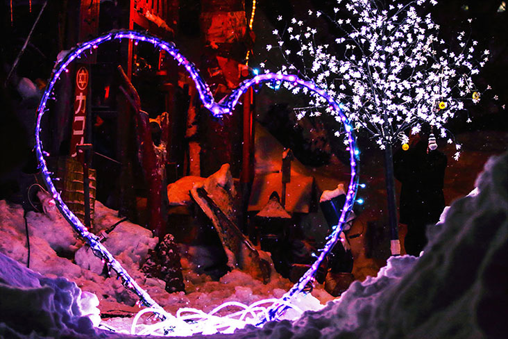 A heart in the midst of the snow, beautifully lit up