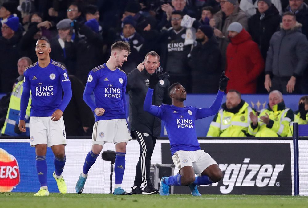 Leicester Cityu00e2u20acu2122s Kelechi Iheanacho celebrates scoring their second goal vs Everton, with manager Brendan Rodgers, James Maddison and Youri Tielemans during their Premier League match at King Power Stadium, Leicester, Dec 1, 2019. u00e2u20acu201d Reuters pic