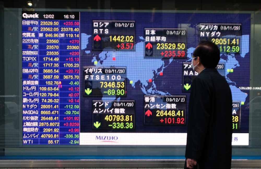A pedestrian looks at an electric quotation board displaying the numbers on the Nikkei 225 Index on the Tokyo Stock Exchange and various markets around the world, in Tokyo December 2, 2019. u00e2u20acu201d AFP pic 