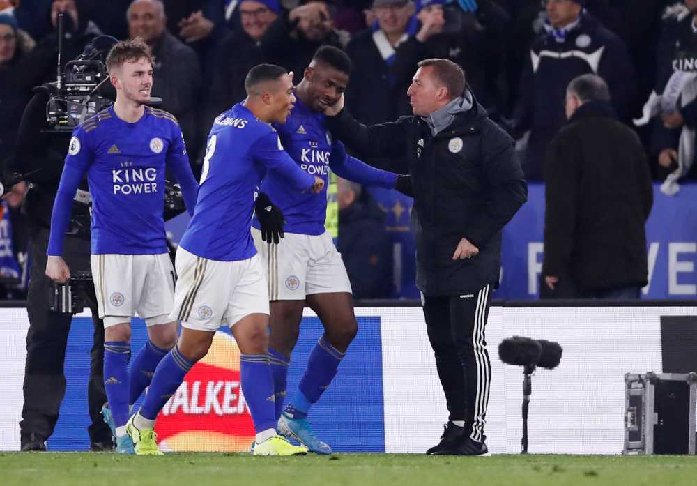 Leicester City's Kelechi Iheanacho celebrates with manager Brendan Rodgers, James Maddison and Youri Tielemans after scoring the second goal against Everton December 2, 2019. u00e2u20acu2022 Reuters pic