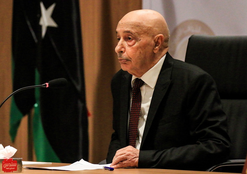 Aguila Saleh Issa, speaker of Libya's fomerly-Tobruk-based House of Representatives, chairs the first session for the assembly in the second city of Benghazi in the eastern part of the country controlled by strongman Khalifa Haftar, April 13, 2019. u00e2u20acu2022 AF