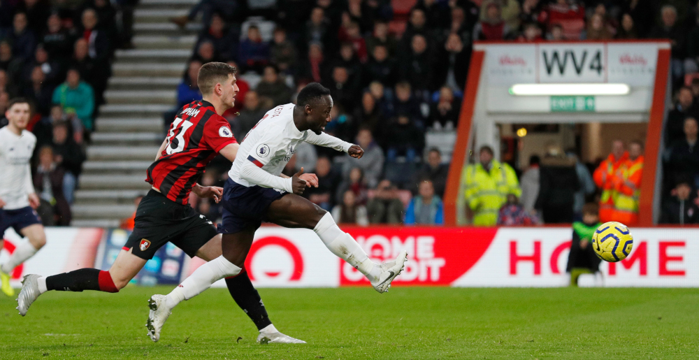 Liverpoolu00e2u20acu2122s Guinean midfielder Naby Keita (right) scores their second goal during the English Premier League football match between Bournemouth and Liverpool at the Vitality Stadium in Bournemouth, southern England December 7, 2019. u00e2u20acu201d AFP pic 