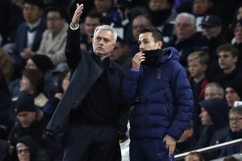 Tottenham Hotspur's head coach Jose Mourinho (left) gestures as he talks with  assistant head coach Joao Sacramento during their English Premier League match vs. Bournemouth at the Tottenham Hotspur Stadium in London, November 30, 2019. u00e2u20acu201d AFP pic