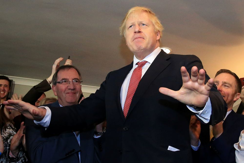 Britainu00e2u20acu2122s Prime Minister Boris Johnson gestures as he speaks to supporters on a visit to meet newly elected Conservative party MP for Sedgefield, Paul Howell, at Sedgefield Cricket Club in County Durham, England, December 14, 2019,  u00e2u20acu201d Reuters pic