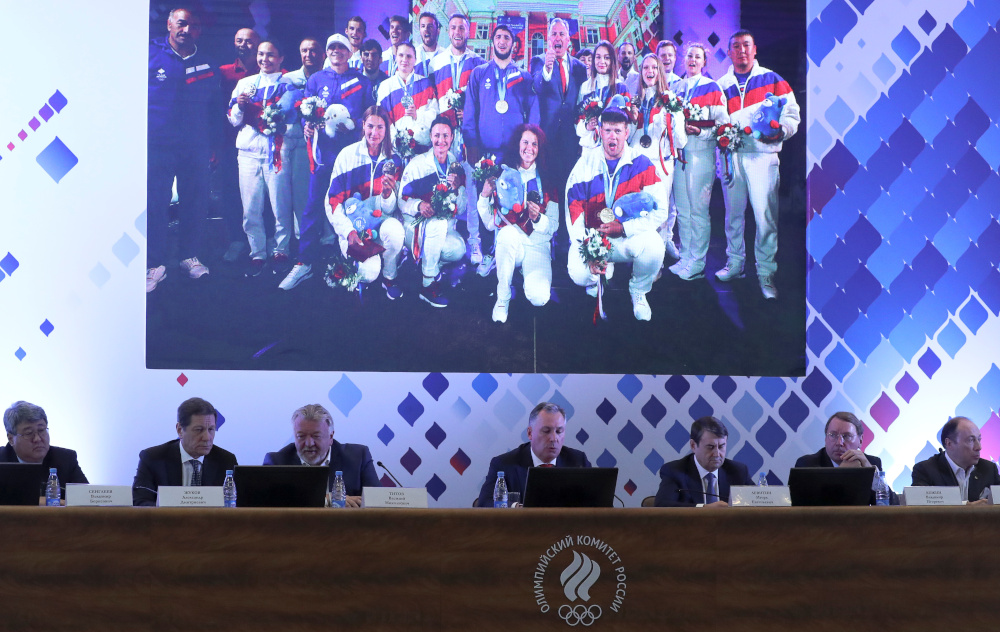 Officials, led by President of the Olympic Committee of Russia Stanislav Pozdnyakov, attend an annual meeting of the committee with sports federations, academies, member organisations, coaches and athletes in Moscow November 28, 2019. u00e2u20acu201d Reuters pic 