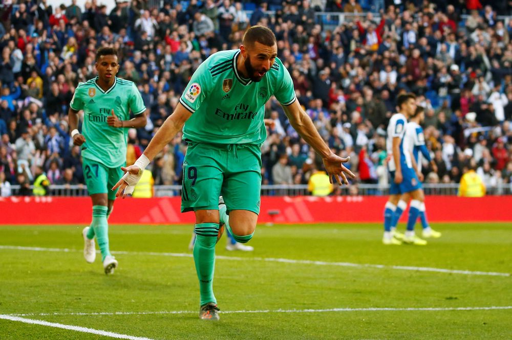 Real Madridu00e2u20acu2122s Karim Benzema celebrates scoring their second goal against Espanyol at the Santiago Bernabeu, Madrid, December 7, 2019. u00e2u20acu201d Reuters pic
