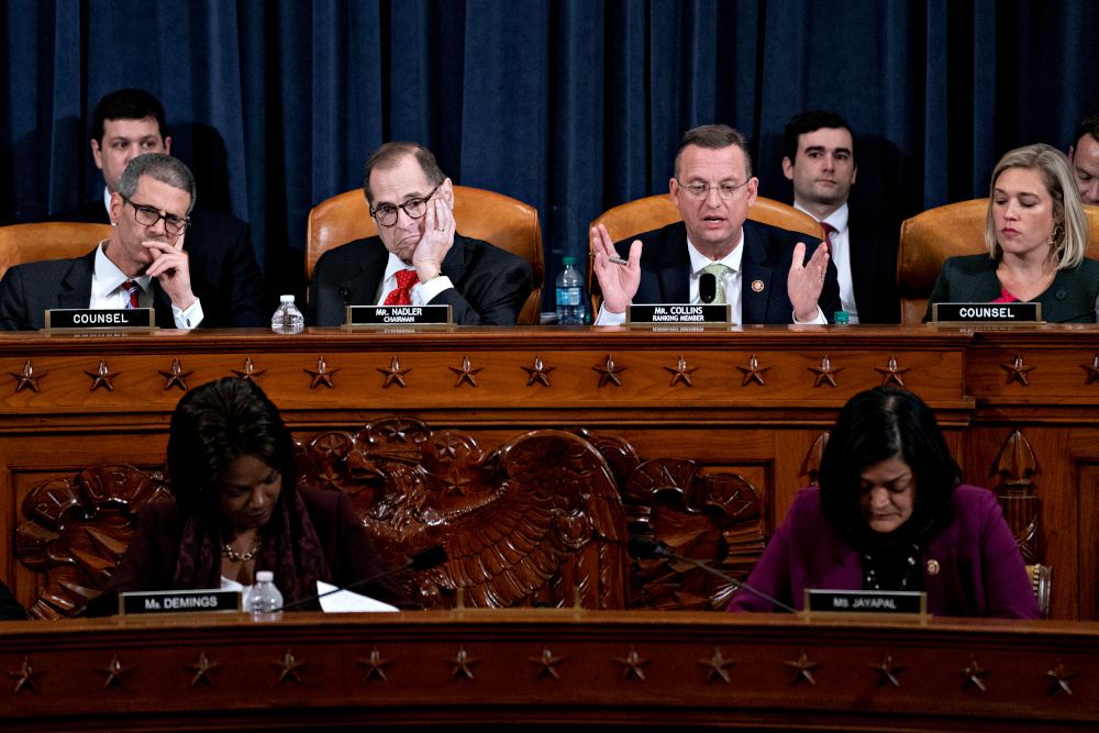 Representative Doug Collins, a Republican from Georgia and ranking member of the House Judiciary Committee speaks as chairman Representative Jerry Nadler, a Democrat from New York, listens during a hearing in Washington, DC, December 12, 2019. u00e2u20acu201d Reuters