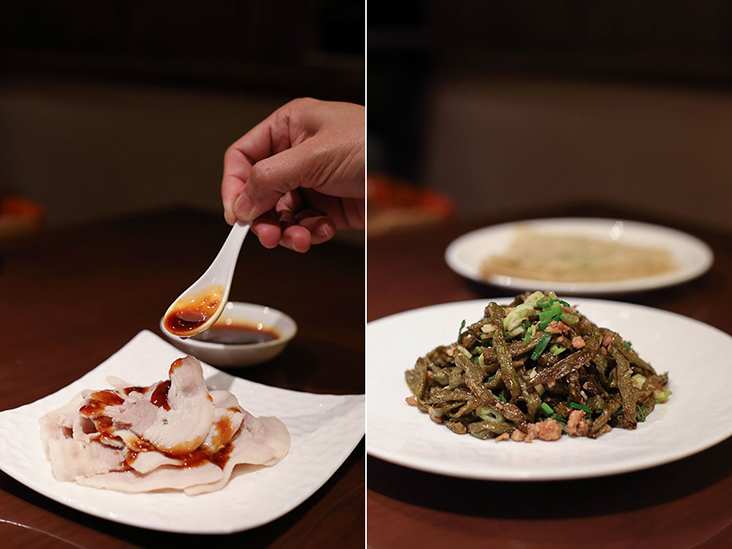 Sliced Boiled Pork with Mashed Garlic (left) and Deep–fried Szechuan Green Beans with Shrimp & Chopped Pork (right)
