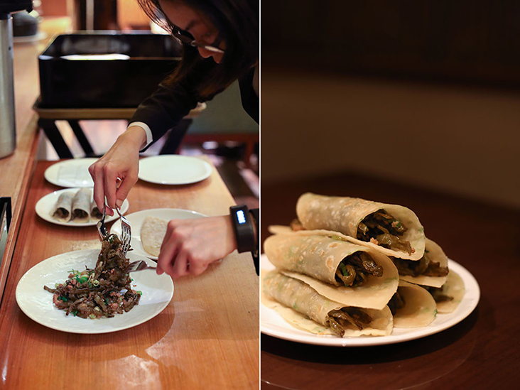 An unusual way of enjoying the ’gān biān sìjì dòu’ — wrapped in spring onion pancakes.
