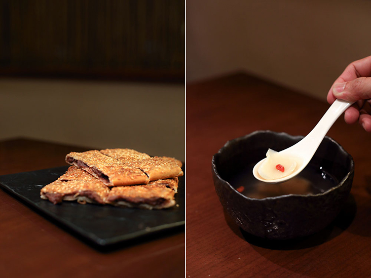 Sweetened Red Bean Pancakes (left) and Lotus Root Soup with Sweet Lily-bud and Goji Berries (right)