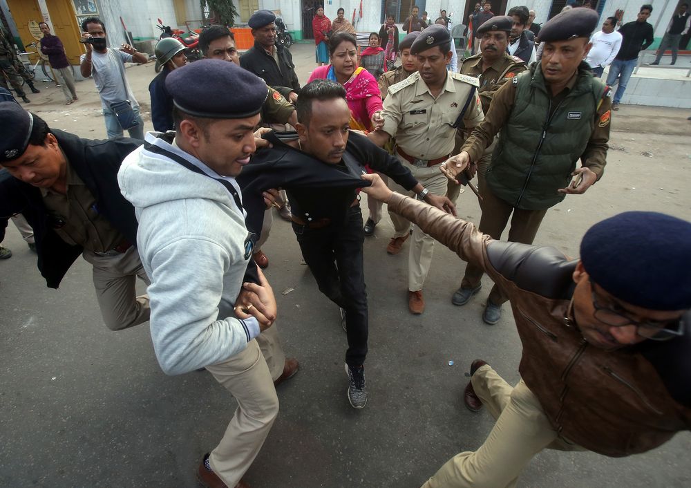 Policemen detain a demonstrator during a protest after Indiau00e2u20acu2122s parliament passed Citizenship Amendment Bill (CAB), in Agartala, India, December 12, 2019. u00e2u20acu201d Reuters pic