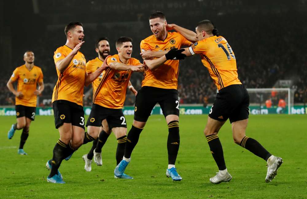 Wolverhampton Wanderers' Matt Doherty celebrates with teammates after scoring the third goal against Manchester City December 28, 2019. u00e2u20acu2022 Reuters pic