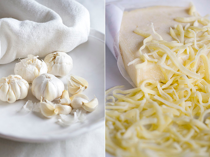 Garlic gives the pasta an intense aroma (left) while cheese introduce richness to an otherwise light dish (right)
