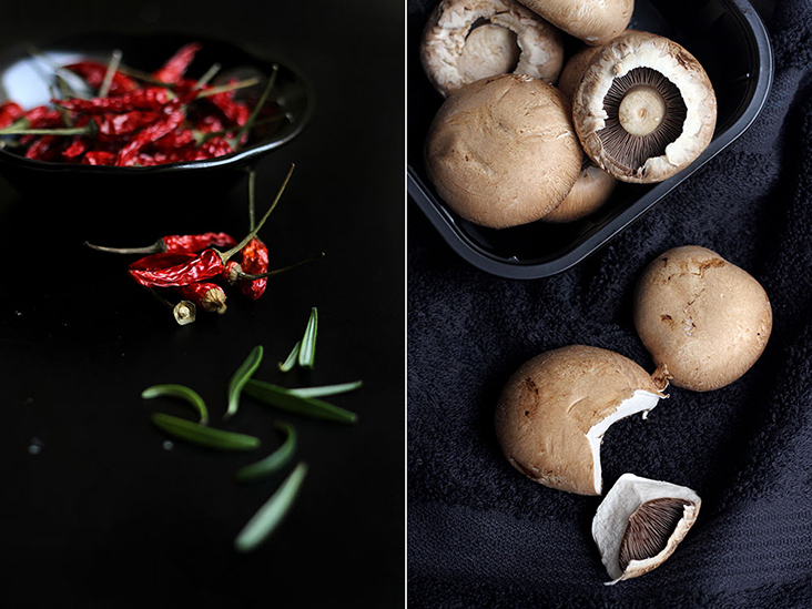 Dried chillies and rosemary add heat and savouriness (left) while mushrooms are a source of umami (right)