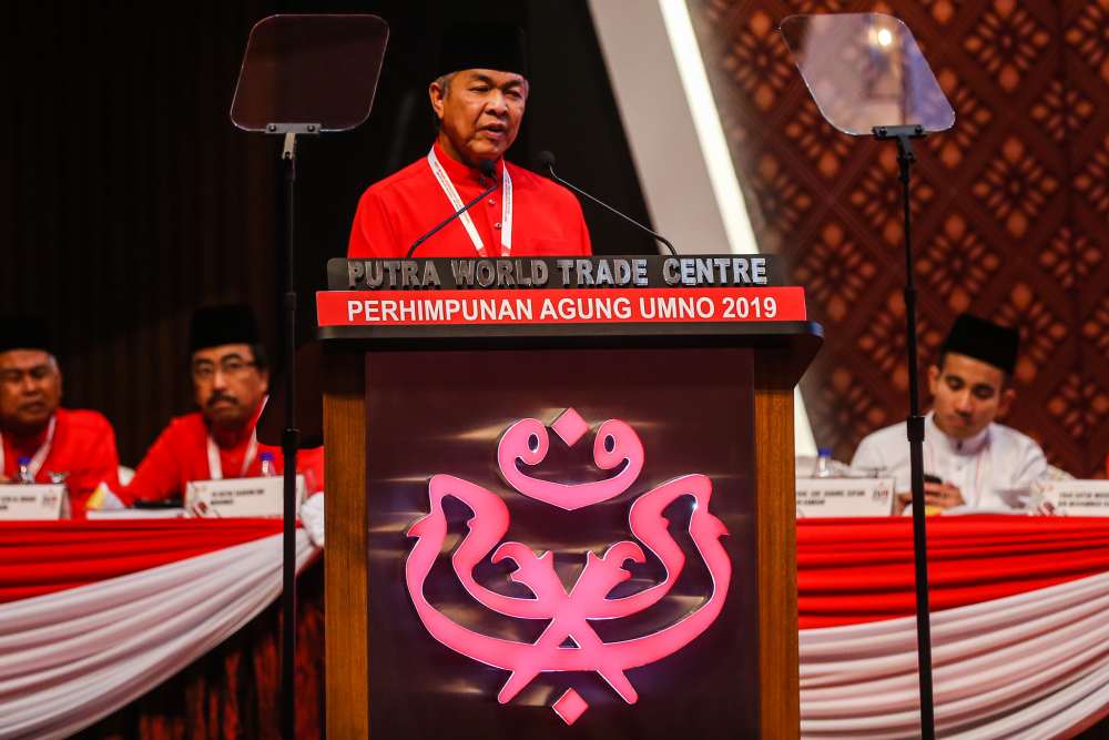 Umno president Datuk Seri Ahmad Zahid Hamidi speaks during the 2019 Umno General Assembly in Kuala Lumpur December 6, 2019. u00e2u20acu2022 Picture by Firdaus Latif