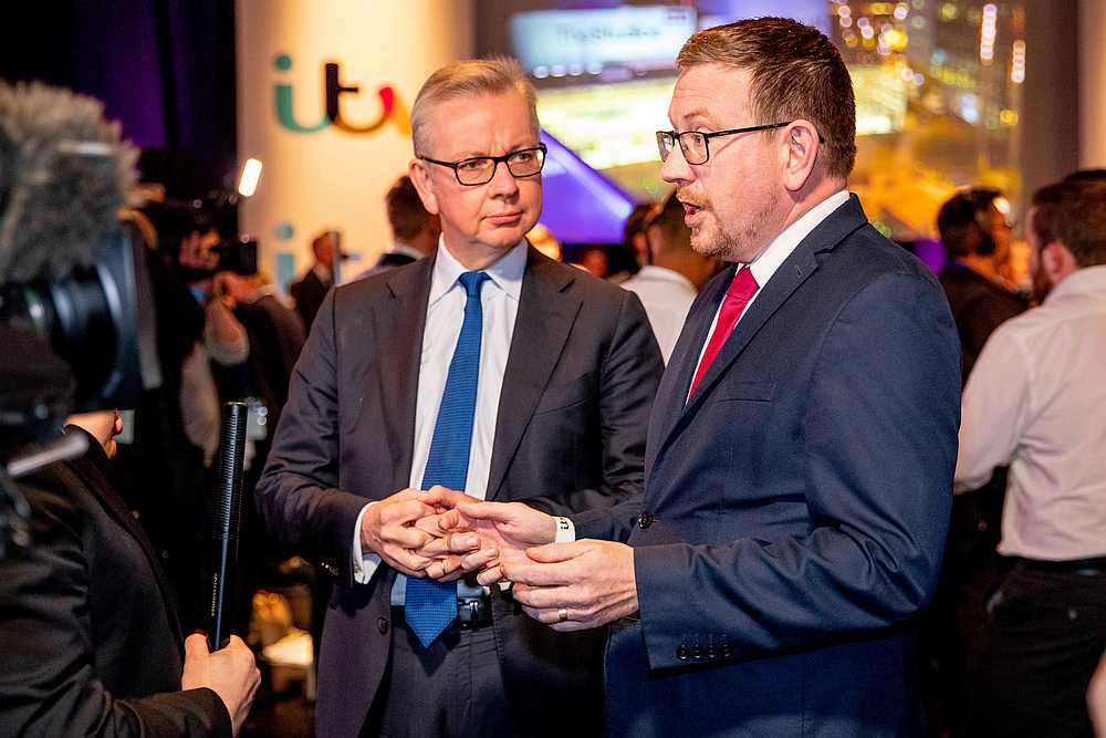 Michael Gove (left) and Andrew Gwynne during an interview at a debate in the 'Spin Room' ahead of general election in London November 19, 2019. u00e2u20acu201d Amy Brammell/ITV handout via Reuters 