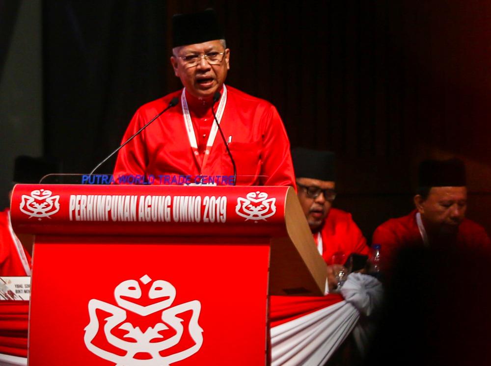 Umno secretary-general Tan Sri Annuar Musa speaks during the 2019 Umno General Assembly in Kuala Lumpur December 6, 2019. u00e2u20acu2022 Picture by Firdaus Latif