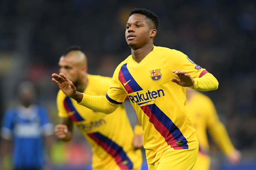 Barcelona's Anssumane Fati celebrates after scoring the second goal against Inter Milan December 11, 2019. u00e2u20acu2022 Reuters pic