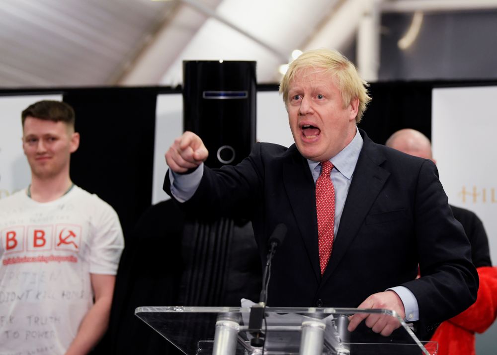 Conservatives' British Prime Minister Boris Johnson gestures while speaking after winning his seat at the counting centre in Britain's general election in Uxbridge, Britain, December 13, 2019. u00e2u20acu2022 Reuters pic  