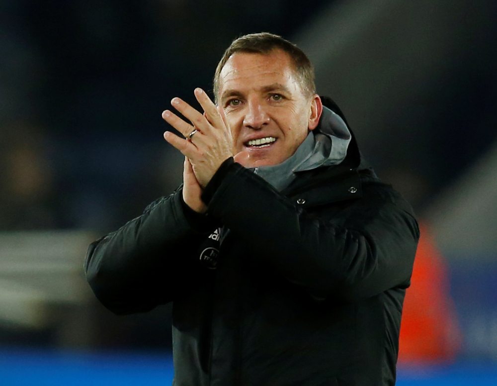 Leicester City manager Brendan Rodgers applauds fans after the match against Everton December 2, 2019. u00e2u20acu2022 Reuters pic