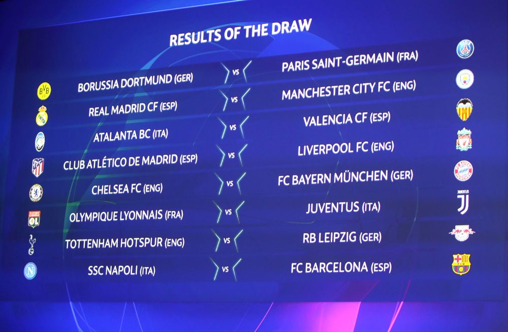 Results of the Uefa Champions League Round of 16 draw are shown on the big screen in Nyon, Switzerland December 16, 2019. u00e2u20acu201d Reuters pic