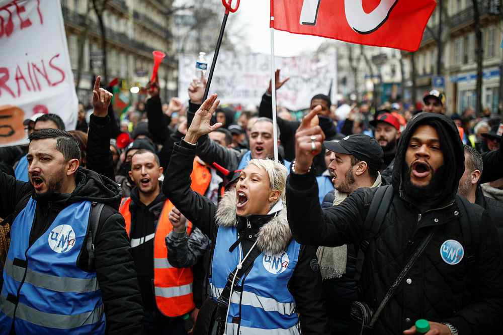 French labour union members and workers on strike attend a demonstration after 24 days of strike against French government's pensions reform plans in Paris, France December 28, 2019. u00e2u20acu201d Reuters pic