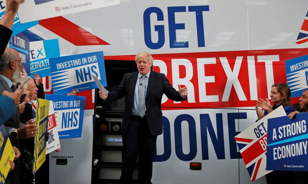 Prime Minister Boris Johnson at the unveiling of the Conservative Party battle bus in Middleton, Greater Manchester, November 15, 2019. u00e2u20acu201d Reuters pic