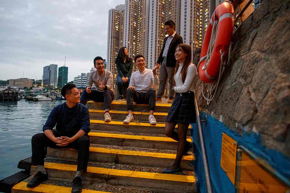 Newly elected district councillors (from left) Lee Yue-Shun, Tat Cheng, Karrine Fu, Jason Chan, James Pui and Jocelyn Chau at a Eastern District water front in Hong Kong December 17, 2019. u00e2u20acu201d  Reuters pic