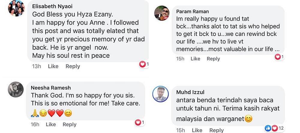 Social media users praise Hyza for her efforts as well as sending messages of love to Anne after being reunited with the note. — Screengrab via Facebook/Anne Malar Yesudass