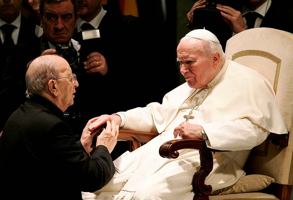 Pope John Paul II (right) blesses Father Marcial Maciel, founder of the Legionaries of Christ, during a special audience in Paul VI hall at the Vatican November 30, 2004. u00e2u20acu201d Reuters pic
