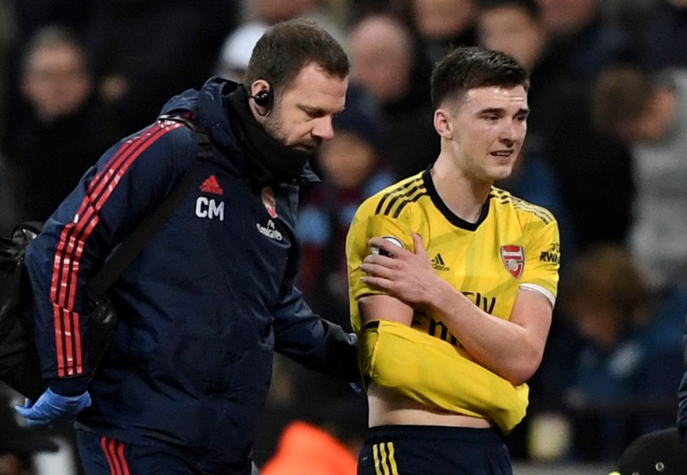 Arsenal's Kieran Tierney is substituted after sustaining a shoulder injury against West Ham United. u00e2u20acu201d Reuters pic