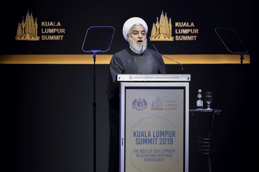 Iranian President Hassan Rouhani delivers his speech during the launch of the Kuala Lumpur Summit 2019 at the Kuala Lumpur Convention Centre December 19, 2019. u00e2u20acu201d Picture by Miera Zulyana